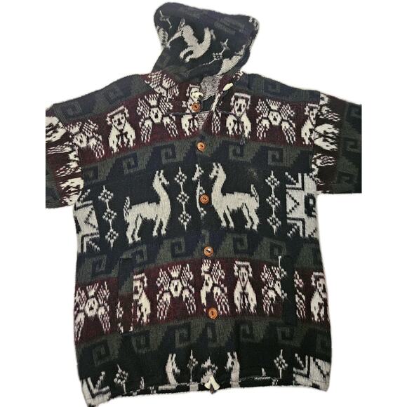 Wool Alpaca Print Hooded Cardigan Button Up Sweater- Grey/White/Plum/Green-L - Picture 3 of 5